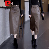 皮爾卡丹（pierre cardin）春秋冬季裙子2025新款pu皮裙半身裙高腰中長(zhǎng)款直筒一步包臀裙長(zhǎng)裙 咖色 29 /XL