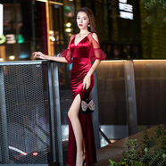 谷物語(yǔ)夜店深V低胸性感長(cháng)款禮服 車(chē)模街拍長(cháng)裙 露肩網(wǎng)紗夜店連衣裙 酒紅色 XS