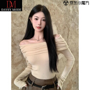 DAVEY MODE溫柔鎖骨一字肩粉色針織衫女裝秋裝毛衣打底衫黑色一字領(lǐng)露肩上衣 杏色 M