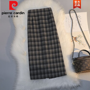 皮爾卡丹（pierre cardin）毛呢格子半身裙2025秋冬新款高腰a字裙中長(cháng)款顯瘦包臀開(kāi)叉呢子裙 黑色 L 建議105-115斤
