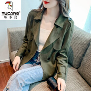 啄木鳥(niǎo)2025年秋冬季新款真·皮皮衣女夾克鹿皮絨士短款西裝外套裝上衣小 軍綠色 L
