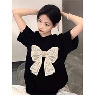 LDBE刺繡蝴蝶結(jié)短袖t恤女夏季2025新款美式復(fù)古小眾設(shè)計(jì)寬松半袖上衣 黑色 M