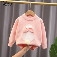 迪士尼（Disney）女童加絨開衫毛衣打底衫長(zhǎng)袖2024秋冬裝加厚寶寶針織衫線 毛衣耳朵球粉色 90cm