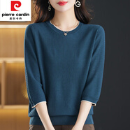 皮爾卡丹（pierre cardin）溫柔女裝春夏圓領針織衫時尚新款七分袖t恤中年媽i媽中袖百搭上衣 哈青 XL碼【建議120-130斤】