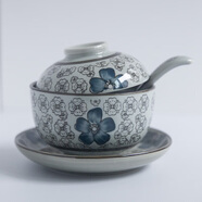 和風(fēng)四季淺田釉下彩陶瓷碗日式餐具家用蓋碗湯碗蒸碗泡飯碗餐廳擺臺餐具 4.5英寸小號藍富貴蓋碗+勺+圓盤(pán)