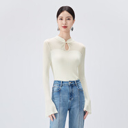 BADINA芭蒂娜新中式盤(pán)扣針織衫上衣女2024秋新款喇叭袖拼接打底衫 本白 S