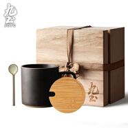 九土 手工日式復古粗陶咖啡杯陶瓷杯子情侶對杯家用馬克杯辦公室茶杯 經(jīng)典黑+蓋+勺+禮盒+禮袋套裝