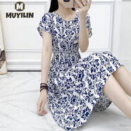 沐依琳波西米亞綢碎花連衣裙海邊度假風(fēng)沙灘裙收腰印花圓領(lǐng)中長(cháng)款裙子wh 1白底青花 M 90-105斤