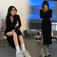 桃伊悠（taoyiyou）法式復古U領連衣裙女秋冬新款顯瘦收腰純欲開叉辣妹打底包臀裙子 黑色 M