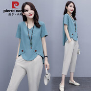 皮爾卡丹歐洲站棉麻套裝女2025夏季新款洋氣減齡休閑時(shí)尚七分褲亞麻兩件套 藍色 XL(建議115-125斤)