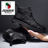 西域駱駝（VANCAMEL）真皮馬丁靴男2024新款秋季高幫黑色英倫風(fēng)中幫皮鞋男士工裝靴 黑色 42 標(biāo)準(zhǔn)運(yùn)動(dòng)碼