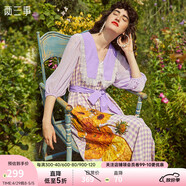 兩三事梵高系列 向夏日葵 夏季新款復(fù)古蕾絲格子印花連衣裙 紫色-y S