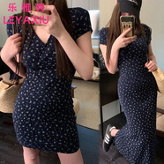 樂(lè )雅秀2025春夏新款藏藍碎花修身V領(lǐng)長(cháng)短款連衣裙女法式復古碎花包臀裙 主圖款 L