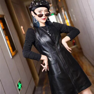 月影披夢連衣裙女2025春季新款綿羊皮V領背帶裙真皮中腰皮裙黑色A字中長裙 黑色 3XL 130-140斤