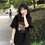 悅法婭純棉短袖t恤女2025夏季新款中長(cháng)款寬松大板遮臀顯瘦學(xué)生百搭女裝 黑色 3XL 【160-180斤】