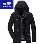 羅蒙（ROMON）春秋季男士風(fēng)衣紐扣休閑外套中年秋衣褂子中長(cháng)款外衣帶帽茄克 黑 1316 XL 建議120--140斤
