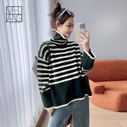 美洋（MEIYANG）西西里毛衣羊毛混紡文藝復古條紋高領(lǐng)寬松針織上衣時(shí)尚新款毛衣女 橄欖綠  S 