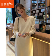 紅蜻蜓2025年針織連衣裙新款女裝針織衫女氣質(zhì)修身中長(zhǎng)女士毛衣女 奶杏色 均碼 （適合80-120斤）