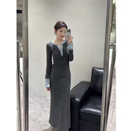 緋垚針織連衣裙女春秋新款顯瘦內(nèi)搭打底裙修身氣質(zhì)包臀收腰長裙子 灰拼藍 M