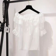 柒十念牛仔背帶裙套裝時(shí)尚收腰吊帶半身裙洋氣一字肩減齡雪紡衫套裝裙 單件白色雪紡上衣(裹胸) S