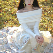 確彤法式溫柔風(fēng)一字肩針織衫女2025春裝新款外穿修身露肩軟糯套頭上衣 白色 均碼