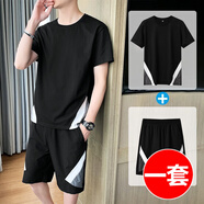 AFILMBY 休閑運動(dòng)套裝男夏季衣服男裝冰絲運動(dòng)服男短袖T恤健身服套裝夏天 7256黑色(短袖+短褲) L(100-120斤)