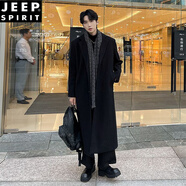 JEEP SPIRIT毛呢大衣男士長款加長超長款過膝秋冬季加厚呢料風衣高級感休閑潮 黑色加棉 超長1米3多 L 建議135斤左右