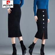 皮爾卡丹（pierre cardin）水貂絨半身裙女秋冬加厚針織包臀裙中長(zhǎng)款毛線裙一步裙長(zhǎng)裙子冬裙 大扣 黑色 2XL 【130-150】