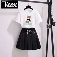 VEOX套裝女兩件套2025年新款裙子學(xué)生韓版夏季時(shí)尚印花套裝短裙+T恤女 白色坐熊上衣+黑色裙子_ M