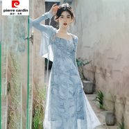 皮爾卡丹法式碎花方領(lǐng)吊帶連衣裙女夏季2025超仙海邊度假沙灘裙森系兩件套 藍(lán)色【連衣裙】 S 建議80-98斤左右