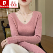 皮爾卡丹（pierre cardin）秋冬新款羊毛衫圓領(lǐng)毛衣女內搭低領(lǐng)針織打底衫緊身顯瘦上衣套頭 V 領(lǐng)粉色 M