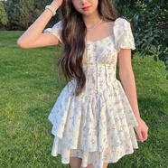 CTOX2025春夏日韓時(shí)尚芝芝萄萄溫柔少女碎花收腰顯瘦女連衣裙 淺綠色 2XL