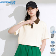 真維斯（JEANSWEST）T恤女2025夏天撞色Polo短袖女寬松休閑時(shí)尚設(shè)計(jì)感奶白XL