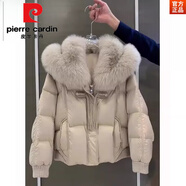 皮爾卡丹（pierre cardin）感超好看短款羽絨服女冬季2025新款仿真毛領(lǐng)厚外套顯瘦女裝 米灰色 XL