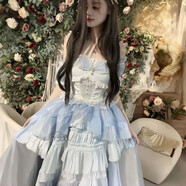 【薔薇物語(yǔ)】白糖少女新品原創(chuàng  )設計Lolita洋裝jsk吊帶連衣裙夏裝 藍色[贈蝴蝶結] S