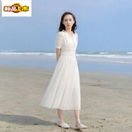 初徑仙女裙2025新款大碼收腰顯瘦溫柔風(fēng)V領(lǐng)氣質(zhì)蕾絲網(wǎng)紗連衣裙夏超仙 大白色 2XL 132斤-143斤