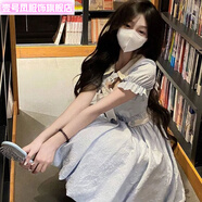 壹號鳳法式溫柔風藍色泡泡袖連衣裙子 女夏季古著vintage在逃公主蓬蓬裙 藍色*收藏商品優(yōu)先發(fā)貨 M