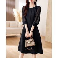 德瑪納（dme）【優(yōu)雅木耳邊領(lǐng)a字裙】秋季泡泡袖網(wǎng)紗長(cháng)袖連衣裙女 黑色 XL