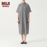 无印良品（MUJI）女式 棉桑蚕丝 短袖连衣裙 衬衫裙女装夏季裙子 BC05CC3S 黑色条纹 L-XL（170/92A）