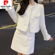 皮爾卡丹（pierre cardin）23年新款棉香約感小香風(fēng)時(shí)尚套裝女秋冬新款加厚短外套裝裙 米白色套裝 S 80-100斤