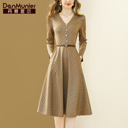 丹慕妮爾法式復古印花連衣裙女2024春秋新款氣質(zhì)收腰顯瘦中長(cháng)裙子 卡其色 S