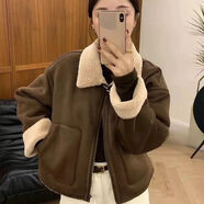俞兆林高級感皮毛一體羊羔毛外套女2025春秋加厚翻領(lǐng)機車(chē)服夾克上衣 深咖色 S _建議80-93