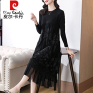 皮爾卡丹（pierre cardin）針織連衣裙子女士春秋冬季2025年新款蕾絲a字氣質(zhì)百搭長(cháng)袖中長(cháng)裙 黑色 XL (110-120斤)