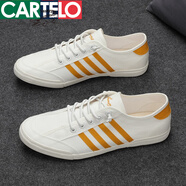 卡帝樂(lè )鱷魚(yú)（CARTELO）布鞋春秋新品低幫透氣一腳蹬免系帶懶人百搭軟底休閑板鞋小白鞋男 白黃 22159細紋光滑布 20 按平時(shí)運動(dòng)鞋碼選，腳瘦選小一碼