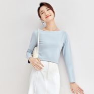 尚都比拉春秋一字領(lǐng)上衣顯瘦長袖t恤女寬松高級感內(nèi)搭打底衫 灰藍(lán)色 S 