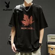 花花公子（PLAYBOY）純棉短袖t恤男ins潮牌日系港風復古高街重磅夏裝寬松潮流帥氣美式 黑色短袖T恤(楓葉) L(適合110-130斤)
