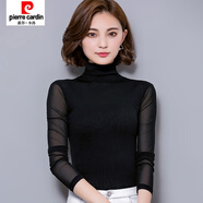皮爾卡丹（pierre cardin）春秋新款大碼高領(lǐng)網(wǎng)紗打底衫長(cháng)袖純色t恤女修身蕾絲衫上衣潮 6035黑色 M