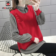AEMAPE韓版條紋假兩件針織衫女2025春秋冬新款毛衣拼接寬松襯衣打底衫女 紅色 3XL 【建議140-160斤左右】