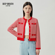 深呼吸DEEP BREATH女裝拼色假口袋小香風(fēng)針織衫開(kāi)衫外套女A400853 紅 M (3)