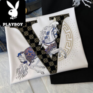 花花公子（PLAYBOY）高端歐貨冰絲棉短袖男輕奢戰(zhàn)馬T體恤衫輕薄款圓領(lǐng)燙鉆打底衫 YCS015白色 2XL 150-165斤